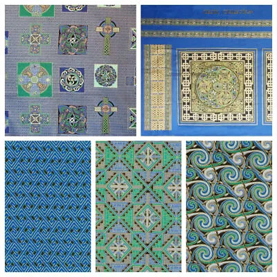 100% Cotton Fabric Blue Celtic Material Gold Gilded Patchwork Bagmaking Dress • £12.99