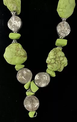 Vtg Apple Green Chunky Turquoise Magnesite Nugget Necklace Heavy Silver Tone 18  • $79.95