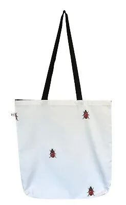 Ladybird Tote Bag. White. Lined Shopping Bag. Handmade. Black Handle. Xmas Gift • £10.99