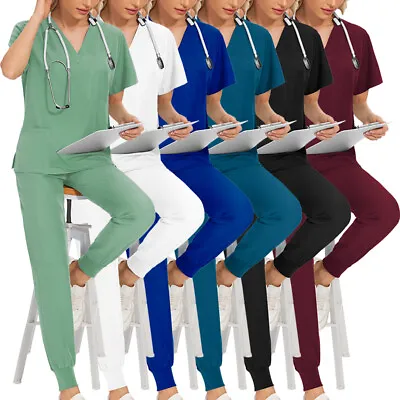 Stretch Jogger Scrub Set Women Men Medical Nurse Scrub Uniform V-Neck Top Pants • $18.97
