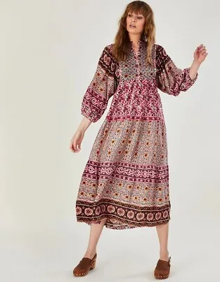 £38 • Buy Monsoon Skylar Smock Embroidered Midi Dress Natural Size M Worn Once 