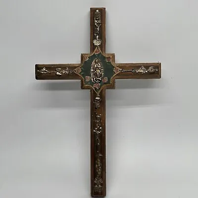 Vintage Mexican Hand Painted WoodCross W/ Milagros 12 In Handmade • $50
