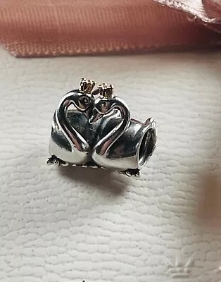 Pandora Sterling Silver Swan Embrace Animal Bead With 14K Gold Crown 791189 • £20