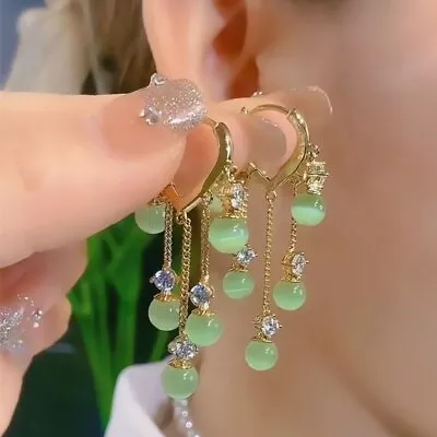 Fashion Heart Green Stone Long Tassel Earrings Stud Women Drop Dangle Jewelry • £4.31