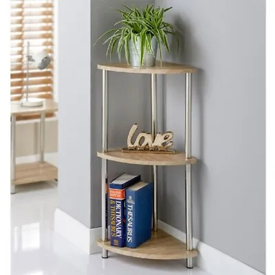 3 Tier Corner Unit Storage Shelves Bookcases Free Standing Organizer Rack Oak • £26.50