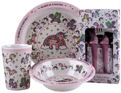 Unicorn 4 Piece Melamine Kids Dinner Set - Plate Bowl Cup Metal Cutlery • £18.99