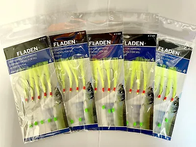 5 X Fladen Herring Mackerel Sea Fishing Feathers 5 Hooks Size 4 - Green Tinsel • £6.95