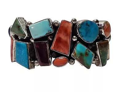 Beautiful Contemporary Stamped J.B. Multi Stone Inlay Sterling Silver Cuff JBDR • $179.95