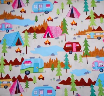 Quilt Fabric By Yard Travel Trailer Tent Camping Scene Premium Cotton Vtg • $9.99