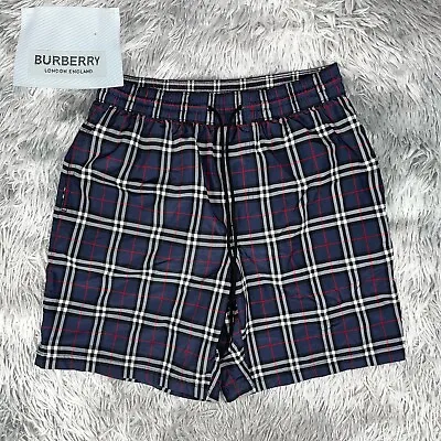 BURBERRY London Men Guildes Navy Plaid Check Lined Swim Shorts Drawcord Trunks S • $280