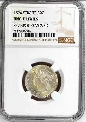 Straits Settlements Queen Victoria  20 Cents Coin NGC UNC . 1896 • $294.95