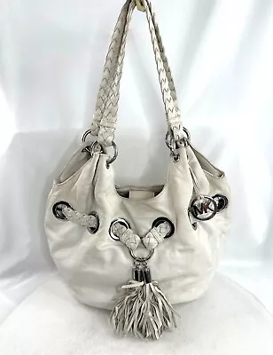 Michael Kors White Leather Large Shoulder Bag Satchel Grommets Tassels A0812 • $61.69