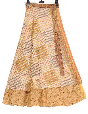 Sushila Vintage Beige Silk Saree Magic Wrap Reversible Skirt Beach Dress Boho • $16.49