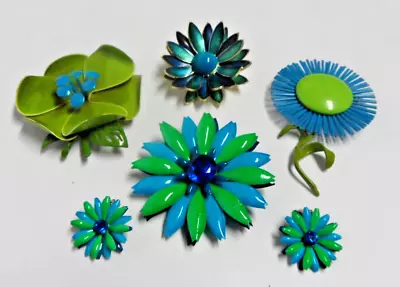 Vintage Lot Enamel Flower Power Brooches Pins Earrings Large Blues & Greens • $27.26