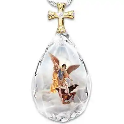 St. Michael The Archangel Portrait Crystal Glass Teardrop Pendant Necklace • $10.97