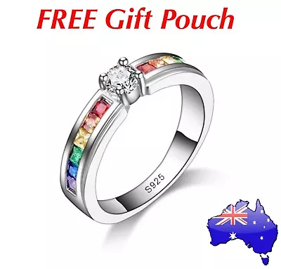 $12.95 • Buy Multicolour Rainbow Crystal 925 Sterling Silver Ring Women’s Girlfriend Gift New