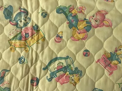 Vtg Pre Quilted Yellow Nursery Baby Crib Quilt Fabric 57  Novelty Cat Puppy Duck • $24.97