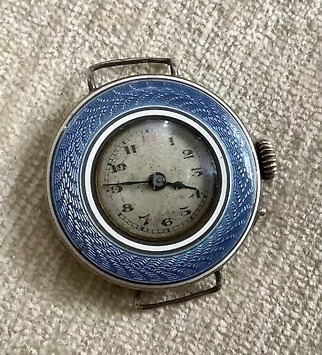 1916 HM SILVER TRENCH STYLE ANTIQUE WRISTWATCH/WATCH~Blue Guilloche Enamel ~GS • £74.99