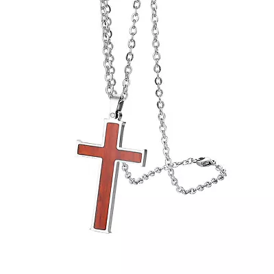 Men Women Stainless Steel Wooden Cross Pendant Chain Necklace Religious Prayer • $9.99