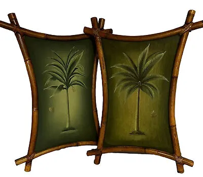 Vintage MCM Adirondack Bamboo Framed Oil Paintings Tiki Art Decor Set Of Two (2) • $285.99