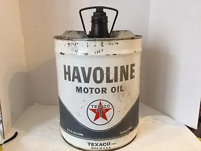 1950s TEXAC0 HAVOLINE  5 US GALLON OIL CAN WITH ALL ORIGINAL LIDS • $75