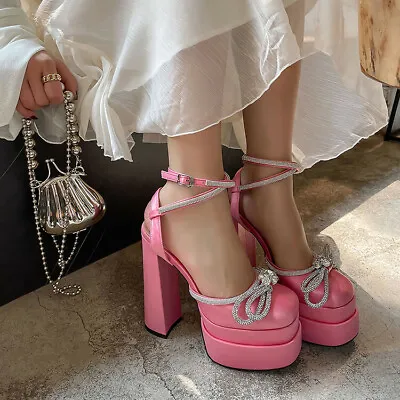 $86.92 • Buy Womens Fashion Diamante Bowtie Ankle Strap Platform Block Heel Sandal Shoes Sz