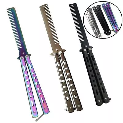 Foldable Comb Stainless Steel Butterfly Knife Comb Beard Moustache Brushe • $11.69