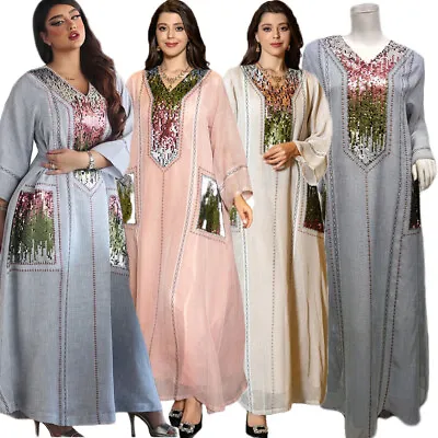 Women Muslim Kaftan Sequins Moroccan Loose Robe Dubai Abaya Caftan Islamic Gown • $44.69