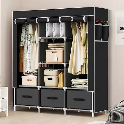 Triple Canvas Wardrobe W/Hanging Rail Shelving Storage Cupboard Student Flat UK • £38.99