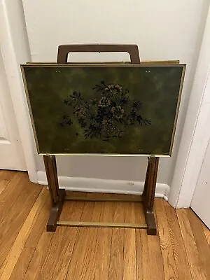 Vtg Mid Century Modern Set Of 3 Metal TV Trays Stand Cart Green Gold MCM Table • $71.96