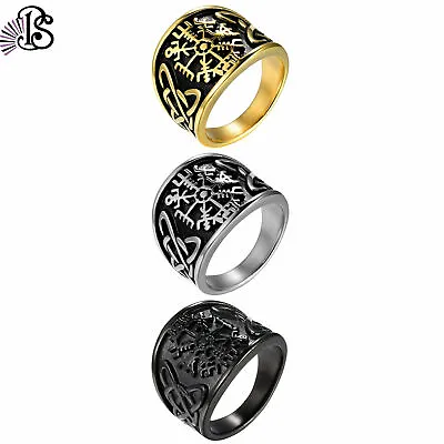 Mens Viking Runic Compass Celtic Knot Ring 316L Stainless Steel Band Size 7-15 • $10.99