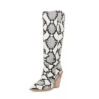 Women Snakeskin Print Block Heel Knee High Calf Boots Goth Pointed Toe Shoes HOT • $66.49