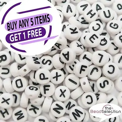 100 ALPHABET ACRYLIC BEADS WHITE 7mm FLAT ROUND SINGLE & MIXED LETTER A - Z  • £2.39