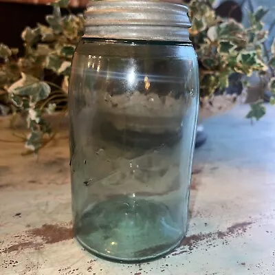 Vintage Green BALL SCRIPT MASON FRUIT JAR - Quart AIR BUBBLES  Zinc Lid 7  Tall • $48.99