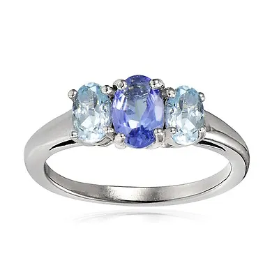 Sterling Silver Tanzanite & Very Light Aquamarine 3-Stone Ring • $22.99