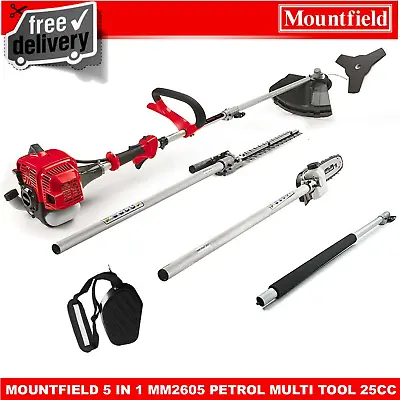 MOUNTFIELD 5 IN 1 MM2605 MUTI TOOL PETROL 25cc STRIMMER HEDGE TRIMMER POLE SAW • £189.99