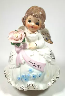 Vintage August Birthday Angel Music Box Figurine W Pink Rose Price Import Japan • $12.50