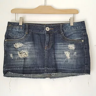 Vtg Y2K Guess Micro Mini Skirt M Distressed Blue Denim Low Rise Cyber Grunge • $34.95