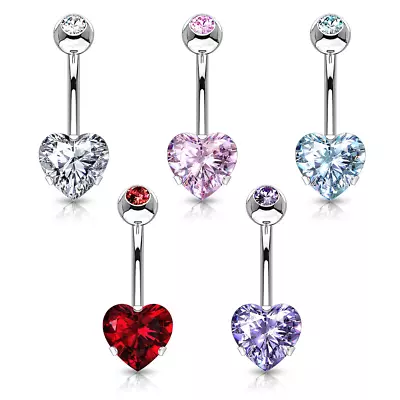 £3.85 • Buy Heart Belly Bar Piercing With Cubic Zirconia Gems Navel Ring Surgical Steel