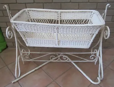 VINTAGE PAINTED CANE/WICKER BABY BASSINET/CRIB With WROUGHT IRON STAND-P/U 3150 • $24