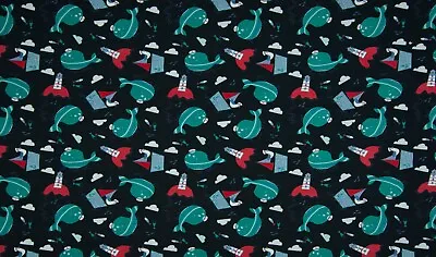 Carton Whales Cotton Jersey Fabric On Navy Background Kids Stretch Fabric • £6.75