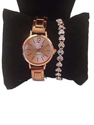 Ladies Watch+Bracelet ROSE GOLD Tone Women Girls Fashion Quartz Bling Gift SET • £4.99