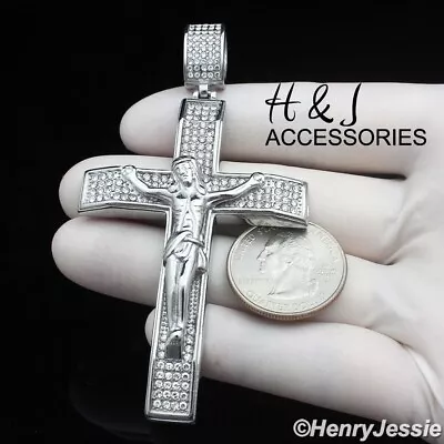 Men Stainless Steel Icy Bling Cz Silver 3d Big Jesus Christ Cross Pendant*aip142 • $22.99