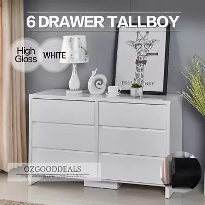High Gloss White Wooden Storage Tallboy 6 Drawer Dresser Chest Cabinet 4026W • $249.99