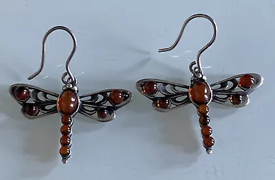 Vintage Sterling Silver Dragonfly Earrings With Baltic Amber • $25.99