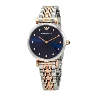 Emporio Armani Gianni T-Bar Silver Rose Gold Blue Crystal Women's Watch AR11092 • $158
