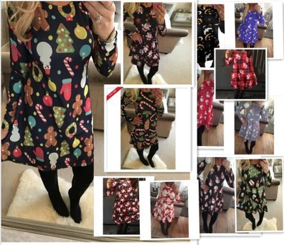 $6.99 • Buy Women Santa Claus Dress Tree Snowman Party Long Sleeve Crew Neck Christmas Dress