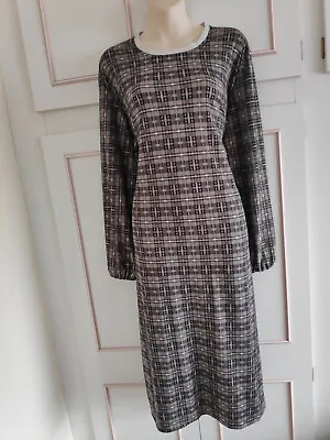 BROWN Plaid Long Sleeve Shift Stretch Jersey Jumper Midi Day Dress Fit UK 16/18 • £12.95