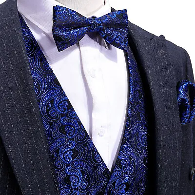 Mens Vest Suit Paisley Floral Waistcoat Blue Black Gold Silk Tie Set Jacket • $18.99