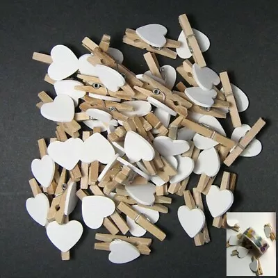 30Pcs Wooden White Heart Mini Wooden Clips Pegs Clothespin Wedding Decor Craft • £4.97